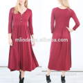 Simple Design Western Women Dress Soft Touch Jersey Burgundy Solid Color Button Front Long Sleeve Spandex Midi Dress